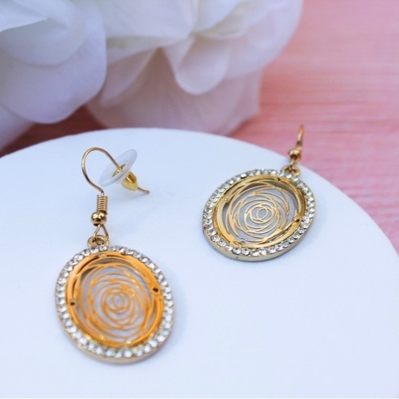 Camellia Flower Round Rhinestone Gold  Drop Earrings - Picture 8 of 13